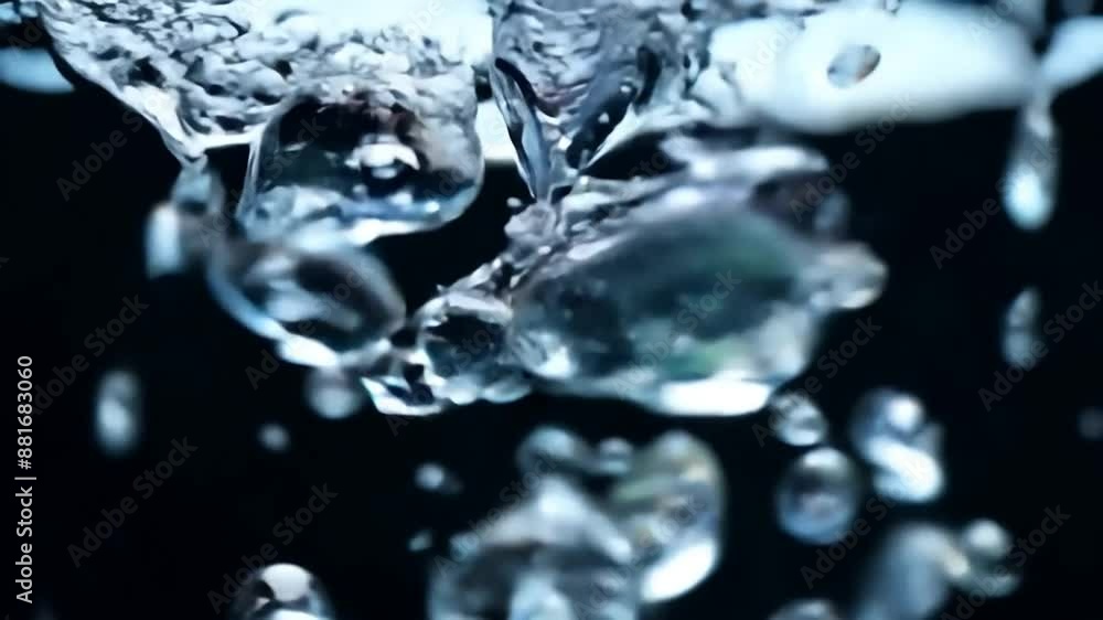 Water droplets falling in slow motion with bubbles forming, symbolizing refreshment, purity, and life, film overlay effect, motion elements, video effects Water droplets falling in slow motion with bubbles forming, symbolizing refreshment, purity, and life, film overlay effect, motion elements, video effects