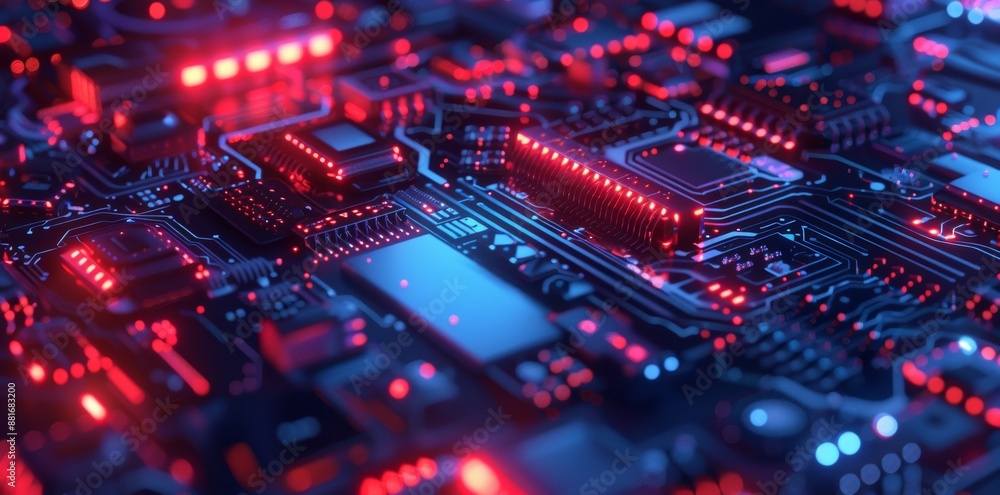 Futuristic digital circuits illuminated with red and blue light. Set in a cybernetic landscape. It creates a lively and technological scene. Futuristic digital circuits illuminated with red and blue light. Set in a cybernetic landscape. It creates a lively and technological scene.
