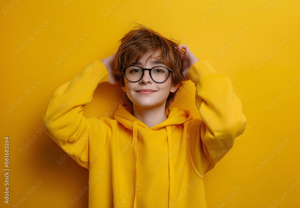 A young woman in glasses posing on a yellow background. A young woman in glasses posing on a yellow background.