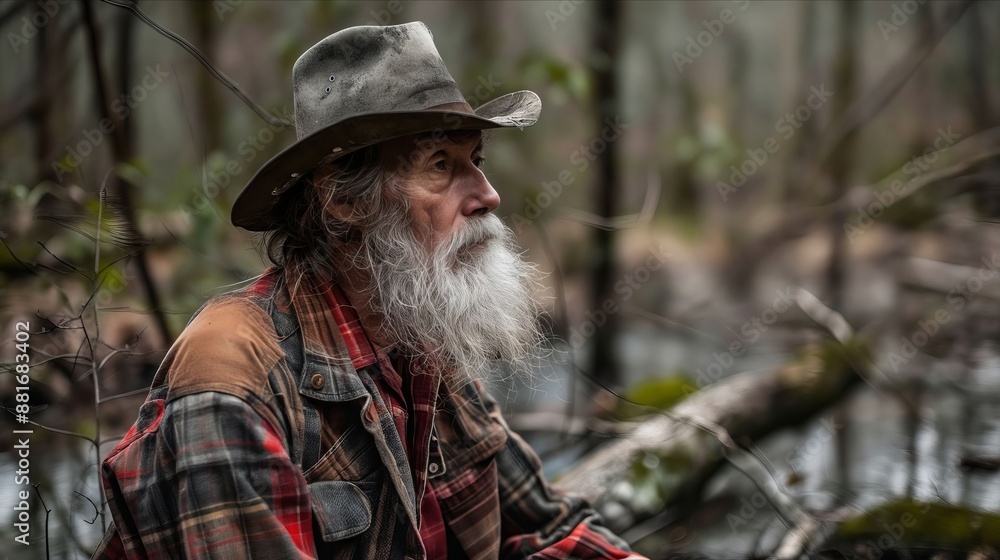 Fototapeta premium A man with a long beard and hat sitting in the woods.