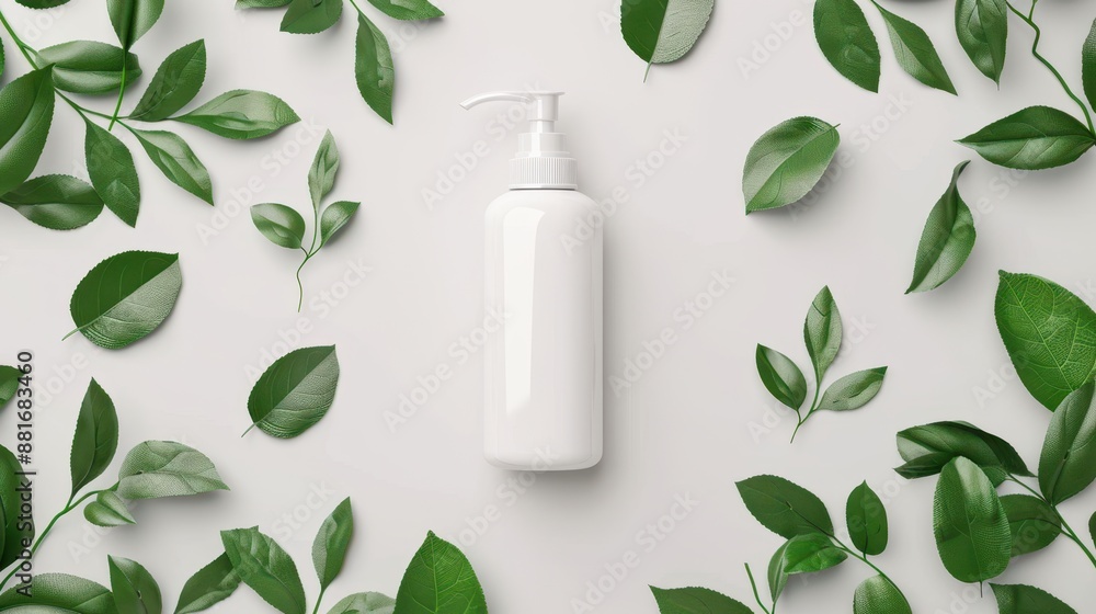 White Pump Bottle Surrounded by Green Leaves for Eco-Friendly Skincare Concept White Pump Bottle Surrounded by Green Leaves for Eco-Friendly Skincare Concept