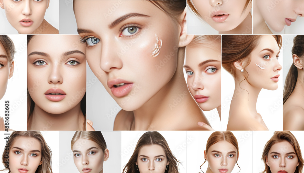 Beautiful woman with perfect skin on white background, collage of photos Beautiful woman with perfect skin on white background, collage of photos
