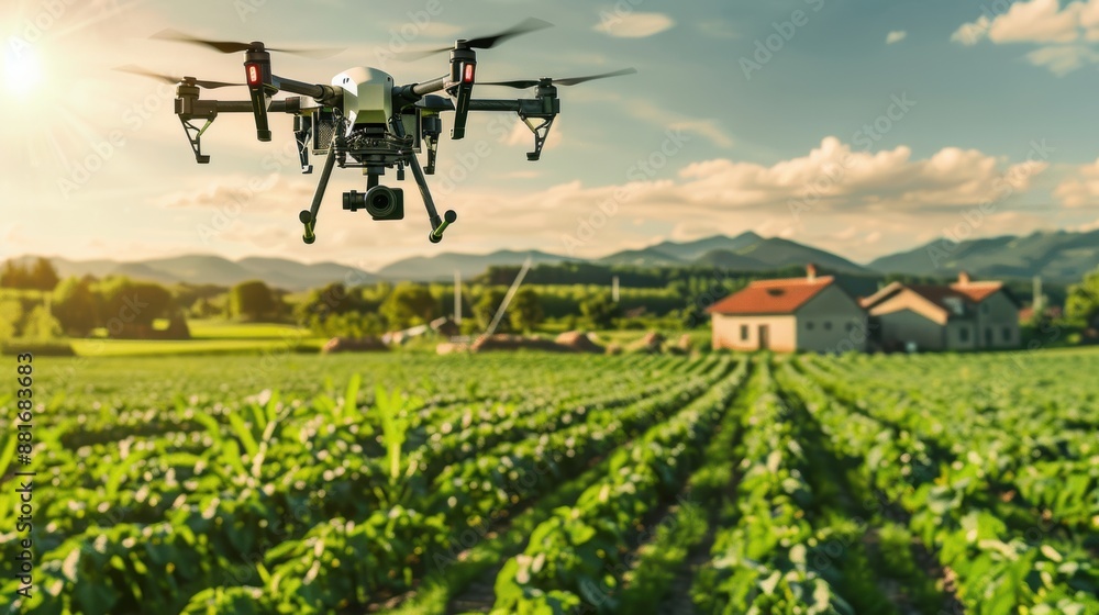 Autonomous drones flying over vast agricultural fields, performing tasks like crop monitoring and spraying, with a backdrop of a modern farmhouse Autonomous drones flying over vast agricultural fields, performing tasks like crop monitoring and spraying, with a backdrop of a modern farmhouse