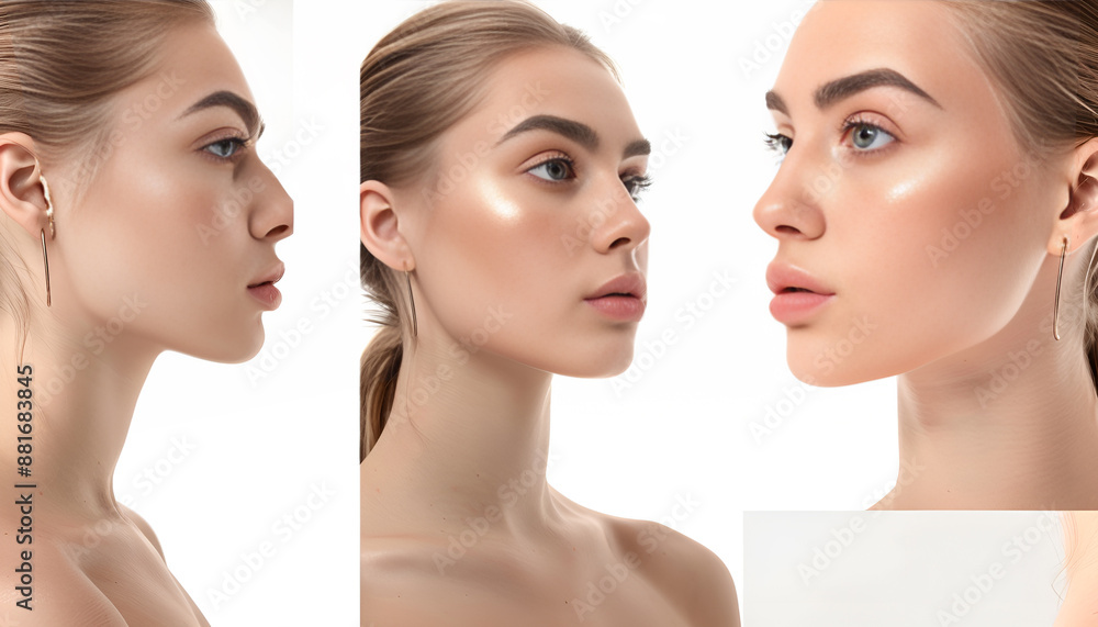 Beautiful woman with perfect skin on white background, collage of photos Beautiful woman with perfect skin on white background, collage of photos