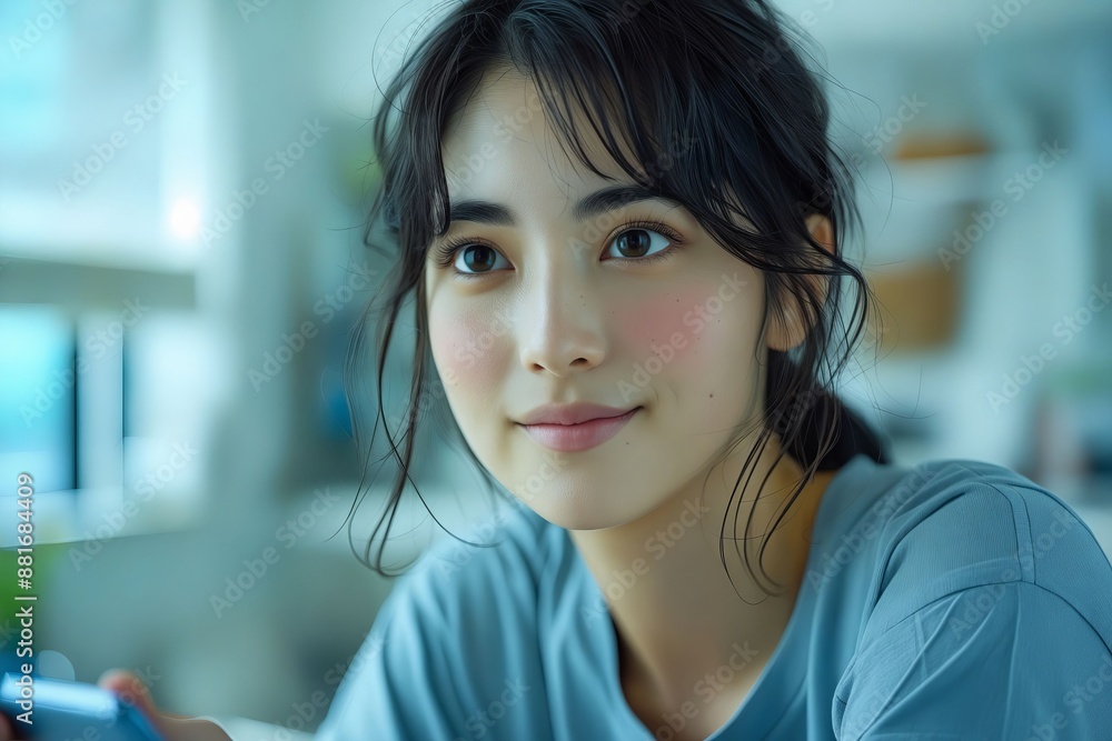 A woman is holding a cell phone while looking at the camera. A woman is holding a cell phone while looking at the camera.