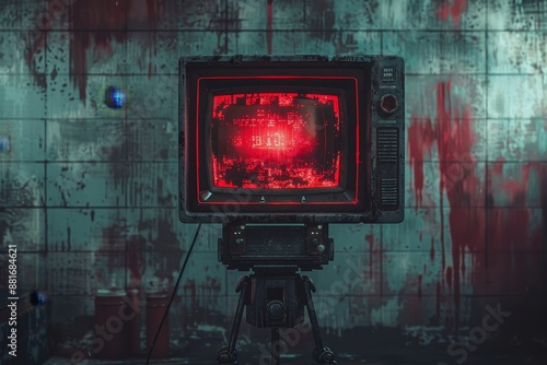 Retro CCTV or VHS video white noise background texture with red recording indicator. Vintage horizontal scanlines with vignette border. Grungy distressed horror film backdrop 8k 16:9, Generative AI photo