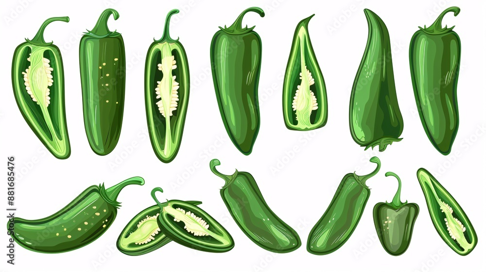 Assorted green jalapenos and chili peppers in different forms, isolated on a transparent background, perfect for organic food designs. Assorted green jalapenos and chili peppers in different forms, isolated on a transparent background, perfect for organic food designs.