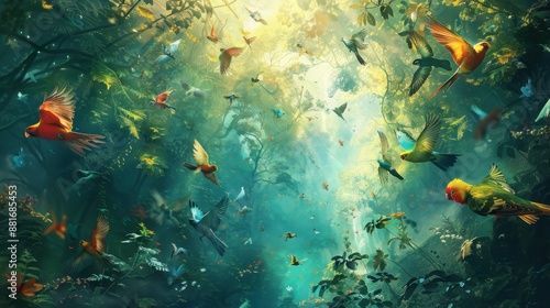 Birds navigating through a dense forest of credit cards, detailed background, symbolizing monetary journey, set in a vibrant and surreal landscape