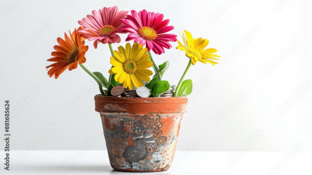 Colorful flowers sprouting from a pot of silver coins, realistic background, depicting economic renewal, isolated on a white background with copy space Colorful flowers sprouting from a pot of silver coins, realistic background, depicting economic renewal, isolated on a white background with copy space