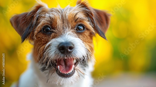 A joyous canine with a cheerful face on a yellow backdrop.