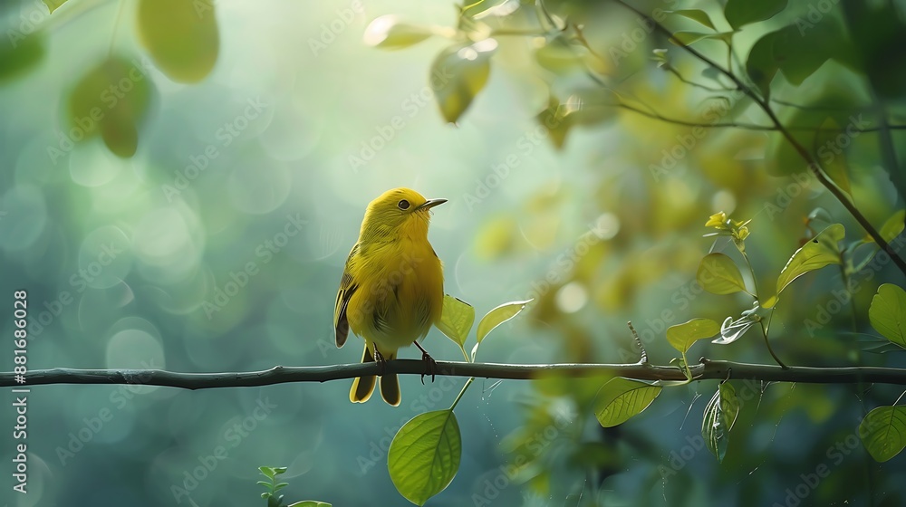Yellow Bird on Branch in Lush Forest Yellow Bird on Branch in Lush Forest
