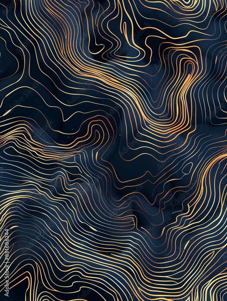 This abstract design features a wave pattern, organic texture map, and modern topography graphic in geometric shapes and curved digital illustrations on a gold and dark blue banner. This abstract design features a wave pattern, organic texture map, and modern topography graphic in geometric shapes and curved digital illustrations on a gold and dark blue banner.