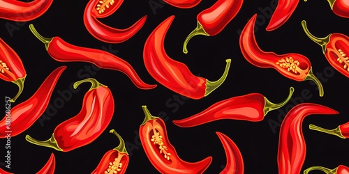 A flat pattern featuring hot chili peppers on a dark backdrop, perfect for culinary and spicy food themes.