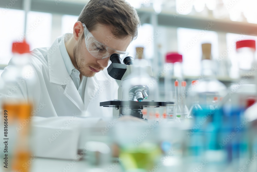 Fototapeta premium Precision in Science - Scientist Examining Samples Under Microscope in Lab with Meticulous Focus on Critical Analysis and Research Depth