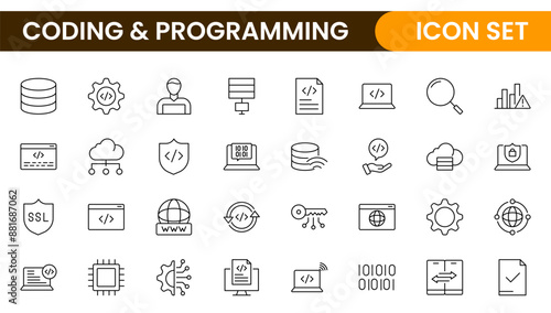 Programming coding set of web icons in line style. Software development icons for web and mobile app. Code, api, programmer, developer, information technology, coder and more.