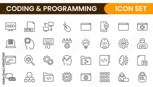 Programming coding set of web icons in line style. Software development icons for web and mobile app. Code, api, programmer, developer, information technology, coder and more.