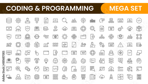 Programming coding set of web icons in line style. Software development icons for web and mobile app. Code, api, programmer, developer, information technology, coder and more.