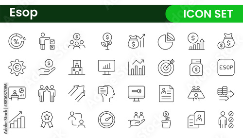 Outline icons about ESOP employee stock ownership plan. Contains such icons as company, win-win, scheme and benefits.