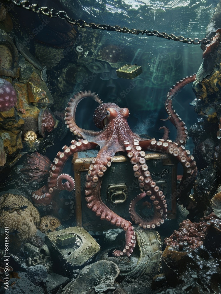 Fototapeta premium Adventurous Pirate Octopus Unearthing Sunken Treasure in Mysterious Deep-Sea Trench