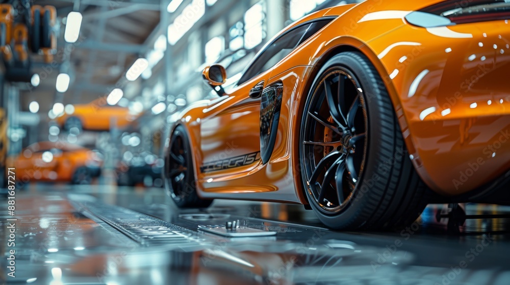Vibrant Orange Sports Car in a Modern Garage - Generative AI Vibrant Orange Sports Car in a Modern Garage - Generative AI