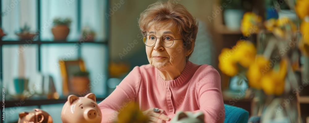 An elderly woman sits at a table with a pink piggy bank in front of her. An elderly woman sits at a table with a pink piggy bank in front of her.