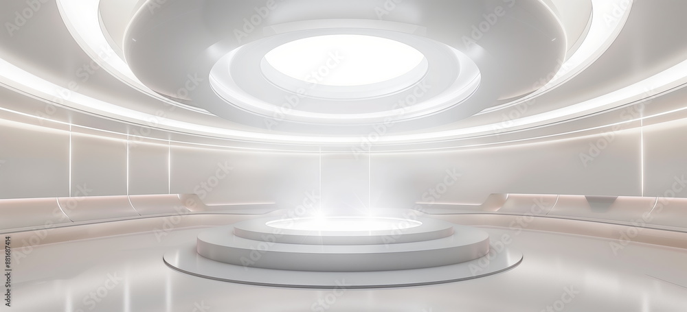 Sci-fi style room. Circular room with illuminated center circle section. dark interior, white illumination. wide format.
Sci-fi style room. Circular room with illuminated center circle section. dark interior, white illumination. wide format.