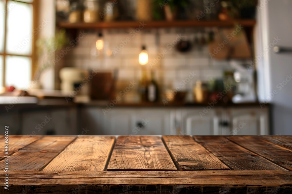 A rustic kitchen bench with an empty wooden table against a blurred background, creating a warm and inviting atmosphere perfect for cooking and family gatherings. A rustic kitchen bench with an empty wooden table against a blurred background, creating a warm and inviting atmosphere perfect for cooking and family gatherings.