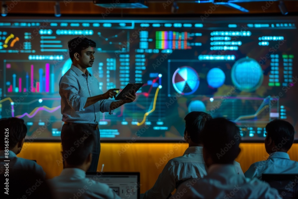 Indian computer scientists present data on tablets to analyst teams in a high-tech monitoring room, with large screens displaying key metrics during automated training sessions. Indian computer scientists present data on tablets to analyst teams in a high-tech monitoring room, with large screens displaying key metrics during automated training sessions.