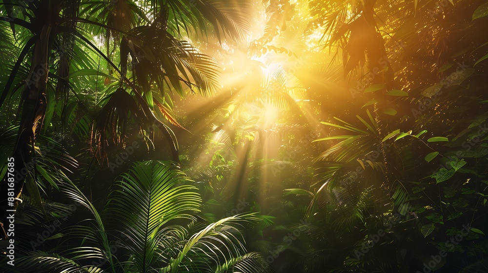 Obraz premium Sunbeams Through Tropical Rainforest