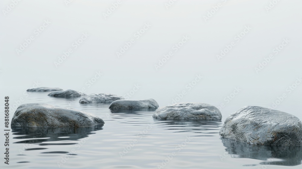 Rocks floating in a silver sky, realistic background, symbolizing surreal tranquility, isolated on a white background with ample copy space Rocks floating in a silver sky, realistic background, symbolizing surreal tranquility, isolated on a white background with ample copy space