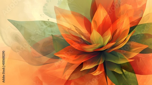 An abstract, drawn illustration of a flower with warm-toned petals and green leaves against a soft background. 