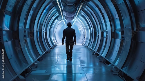 Mysterious Figure in a Futuristic Corridor