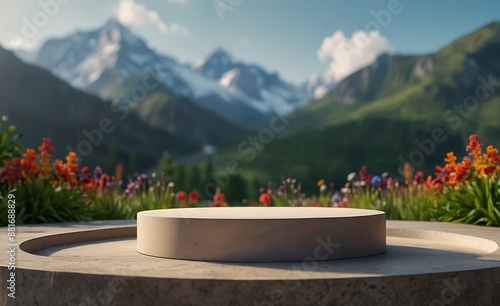 A simple round podium With Nature and  flowres for product disply photo