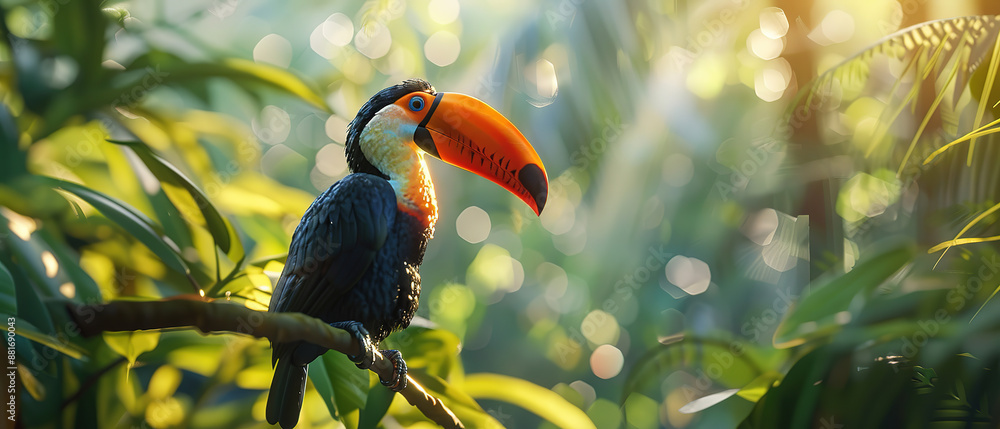 Fototapeta premium Photo of full body toucan, unfocused background, with empty copy space