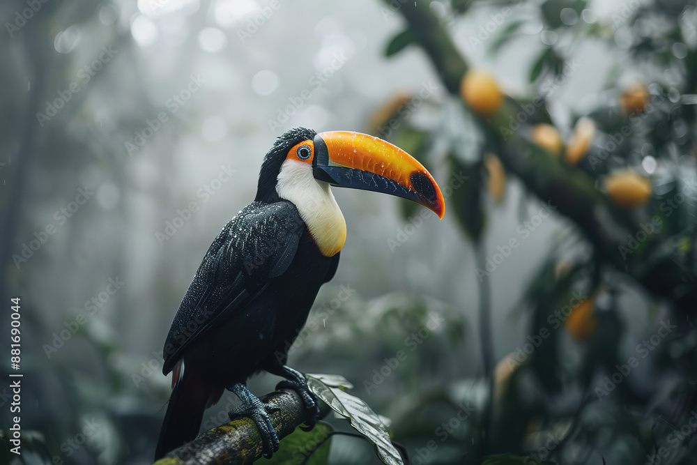Fototapeta premium Photo of full body toucan, unfocused background, with empty copy space