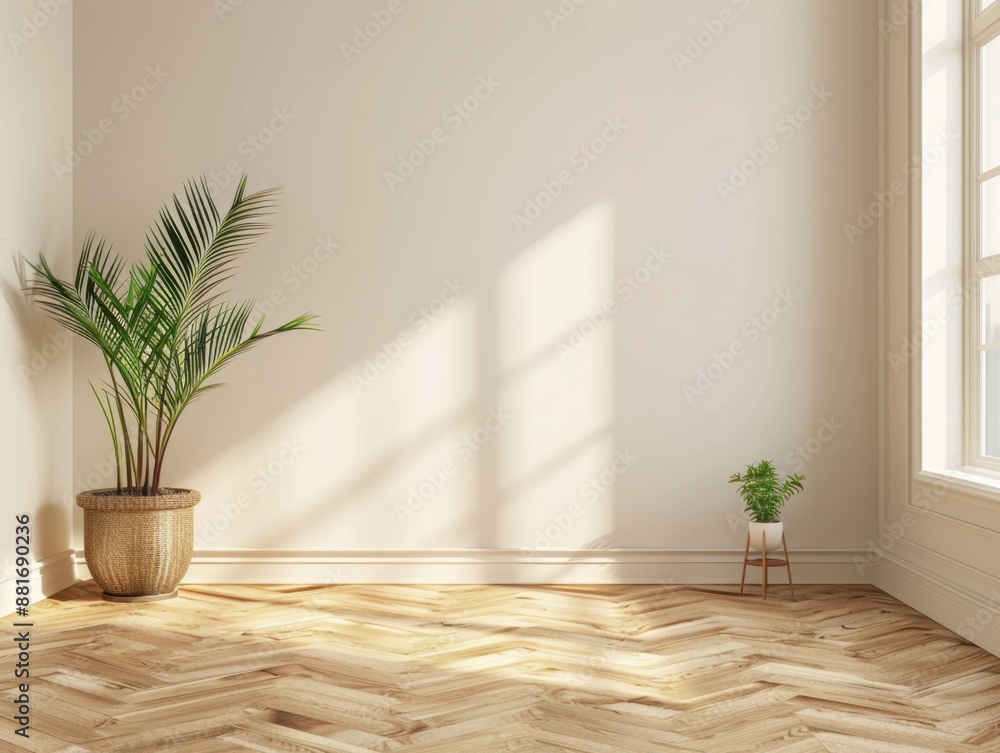 green palm in white pot in sunlight from shoji window, shadow on blank beige wall, parquet floor. Luxury interior design decoration, fashion, beauty, product display background green palm in white pot in sunlight from shoji window, shadow on blank beige wall, parquet floor. Luxury interior design decoration, fashion, beauty, product display background