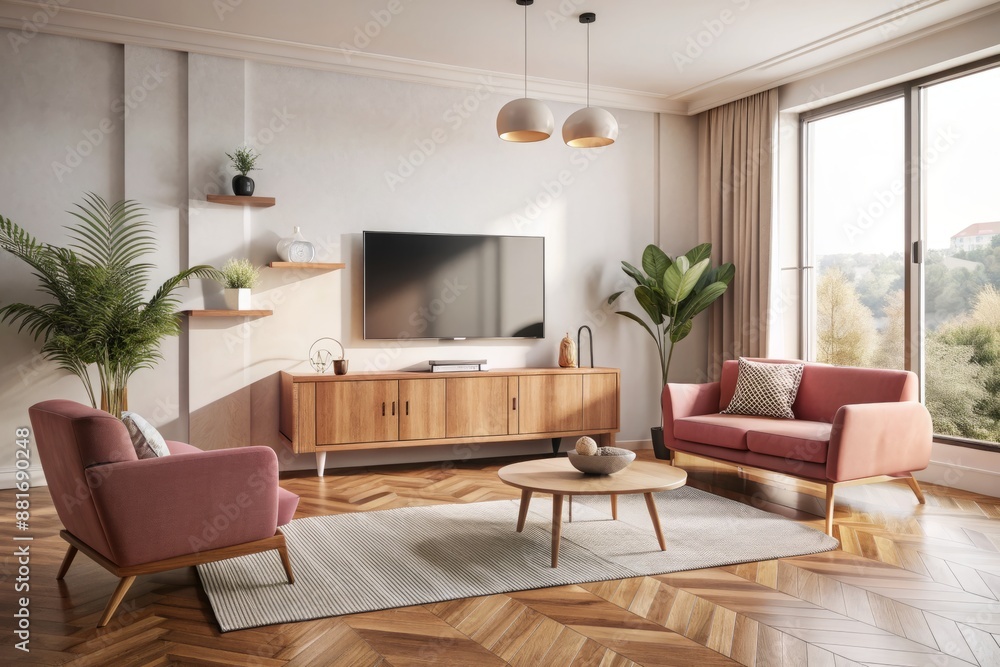 Fototapeta premium Mid Century Modern Living room .Wood TV cabinet with white wall mounted,pink sofa on wood floor ,.3d rendering