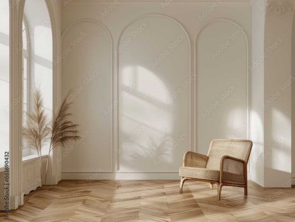 Beige home living room interior with armchair, wooden drawer and coffee table with art decoration, carpet on hardwood, floor. Mock up empty wall partition. Beige home living room interior with armchair, wooden drawer and coffee table with art decoration, carpet on hardwood, floor. Mock up empty wall partition.