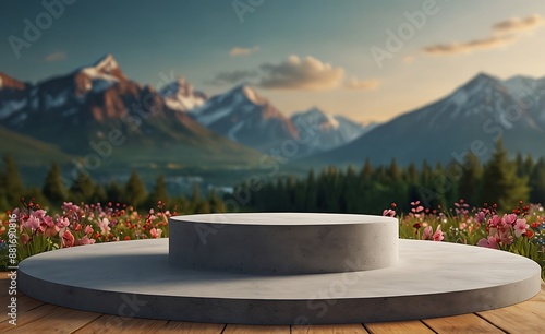 A simple round podium With Nature and  flowres for product disply photo