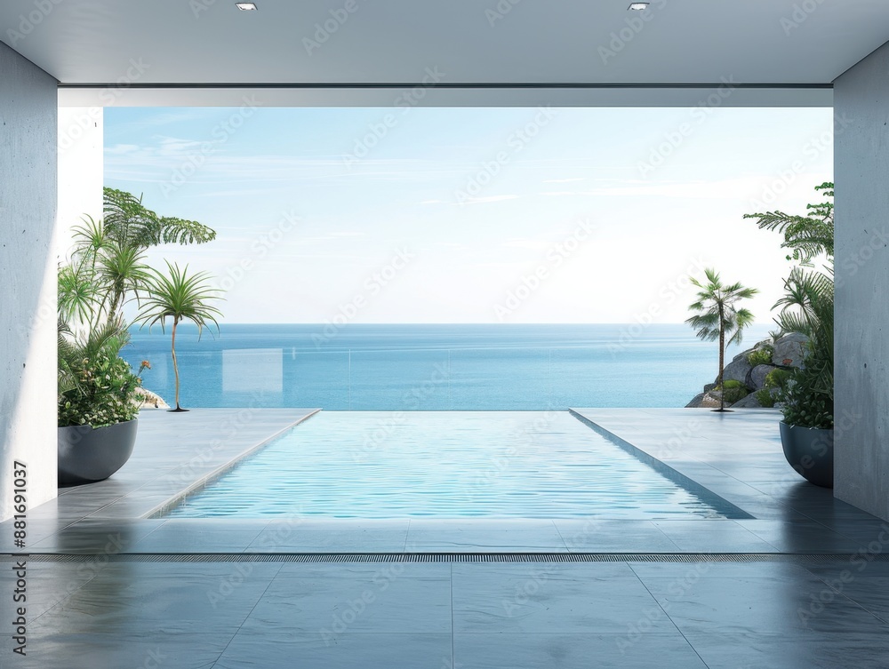 Obraz premium Empty modern lounge area with large bay window and view of sea.