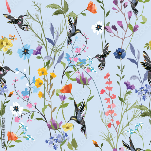 Beautiful humming bird in wild flower forest seamless patten