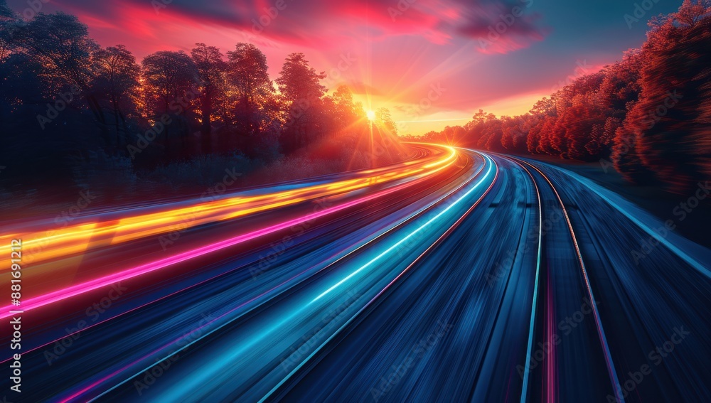 Fototapeta premium Sunset Highway with Blurry Light Trails