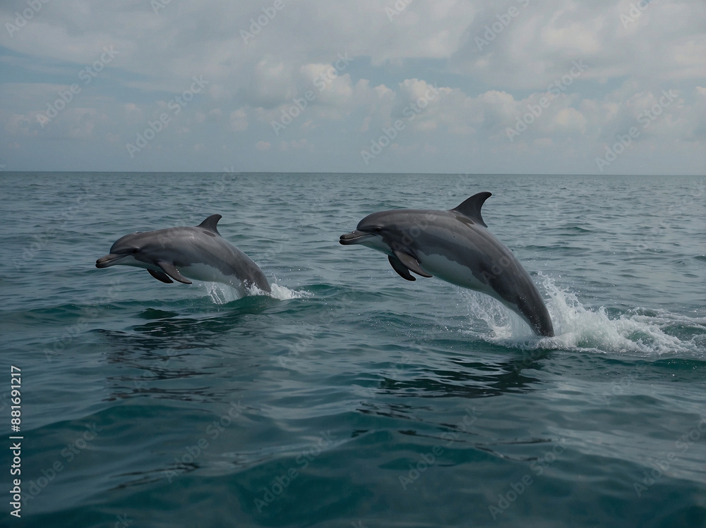 Fototapeta premium Dolphins Leaping Over Ocean Waves at Sunset