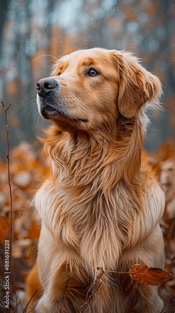 Obraz premium A golden retriever sitting in the woods.