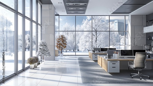 Office environment with energyefficient design, ample copy space, winter theme, digital tone, Splitcomplementary color scheme