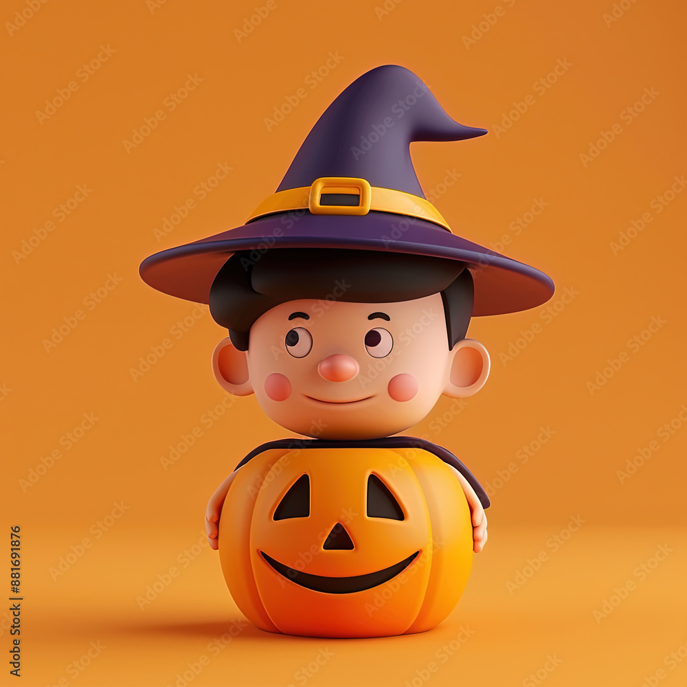 3D little child wearing Halloween costume and bring pumpkin on orange background 3D little child wearing Halloween costume and bring pumpkin on orange background
