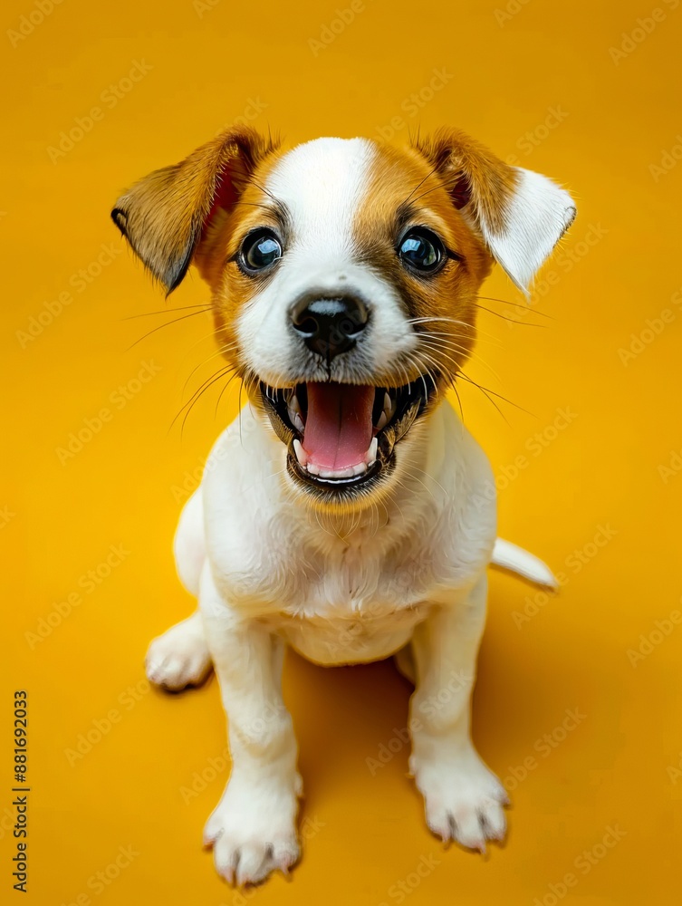 A small white and brown puppy sitting on a yellow background. A small white and brown puppy sitting on a yellow background.