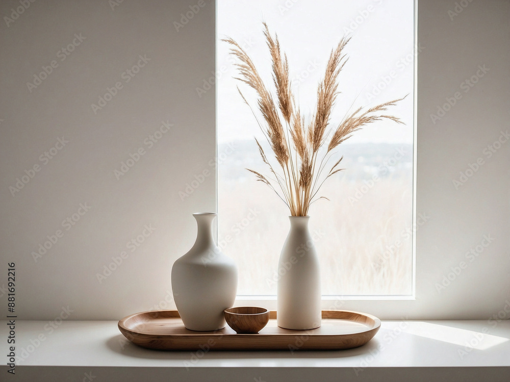 Minimalist ceramic vases with dried grasses on a wooden tray by a sunlit window