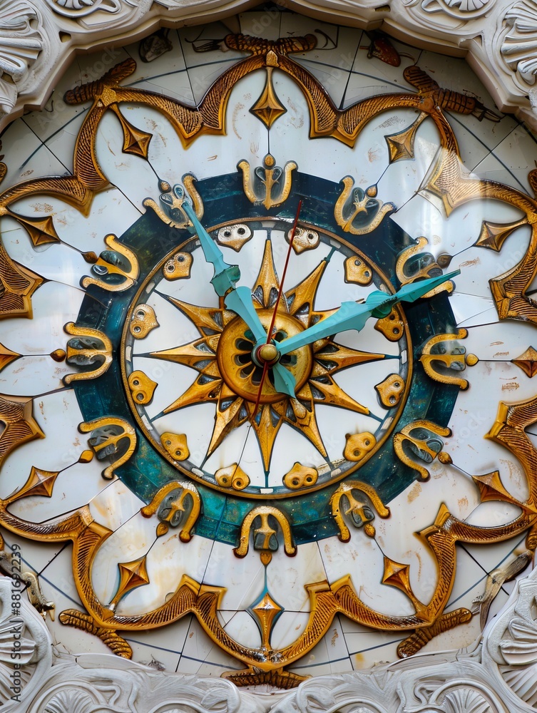 Obraz premium A clock with a blue and gold design.