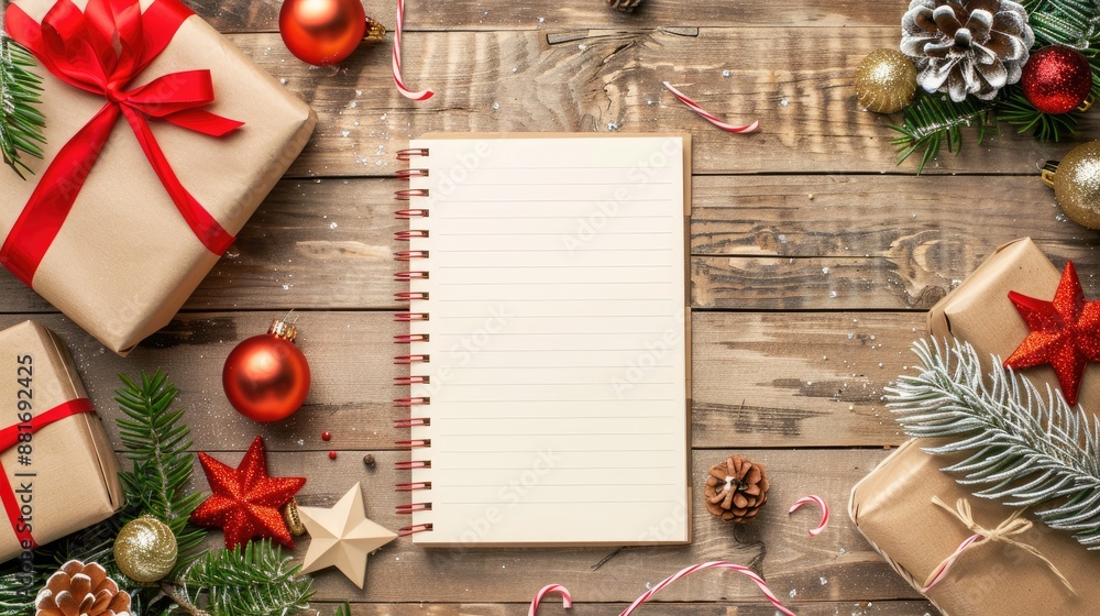 Obraz premium Christmas decorations and gifts around a notebook on a table New Year plans and preparations